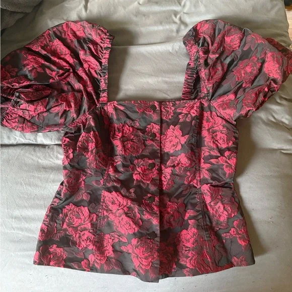 Ganni Black & Red Botanical Jacquard Blouse